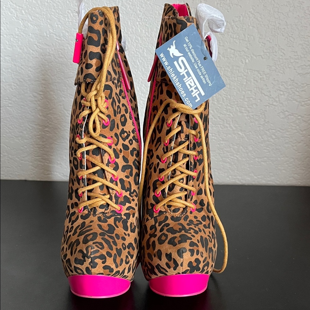 Shiekh Leopard Lace-Up Boots with Pink Highlights